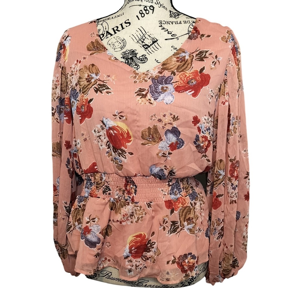Philosophy Pink‎ Floral Smocked Waist V Neck Balloon Sleeve Peplum Blouse Size M